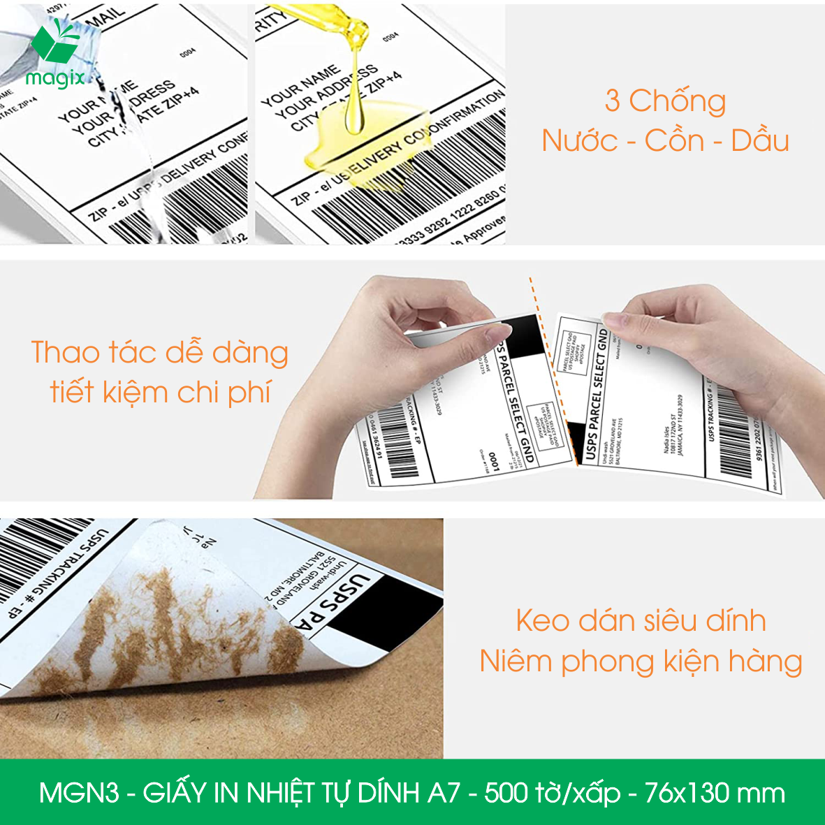 MGN3 - 76x130 mm - Combo 2 xấp 500 tờ giấy in nhiệt A7 tự dính - Giấy in đơn hàng, giấy in A7