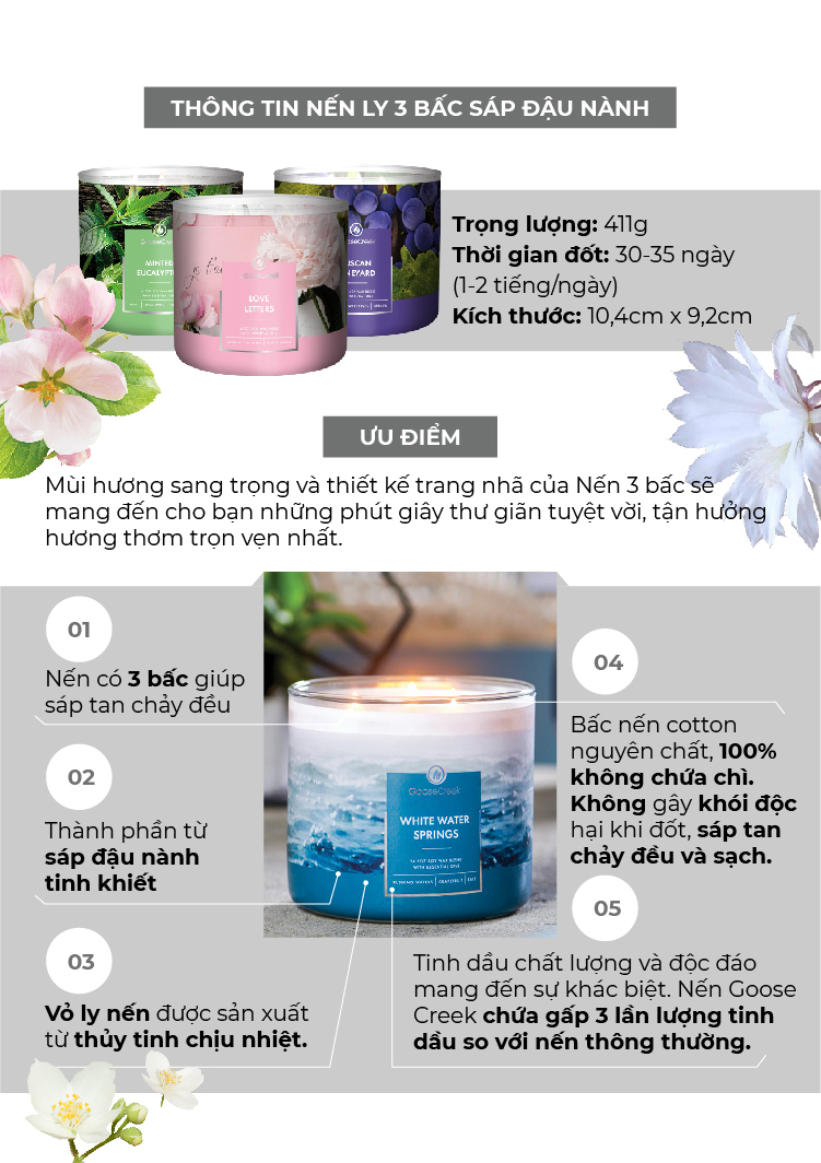 Nến ly 3 bấc sáp đậu nành Goose Creek (411g) - Minted Eucalyptus