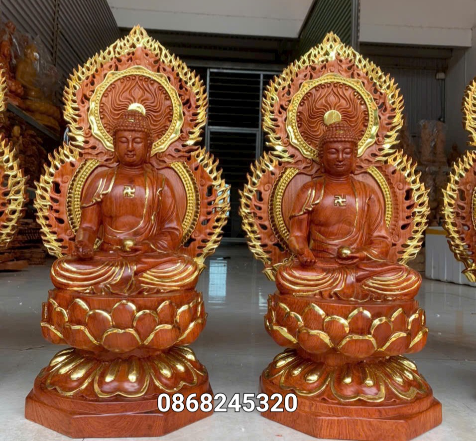Bộ tượng thất phật được sư bằng gỗ hương đá kt cao 40×20cm +lá chắn hào quang cao tổng 54cm