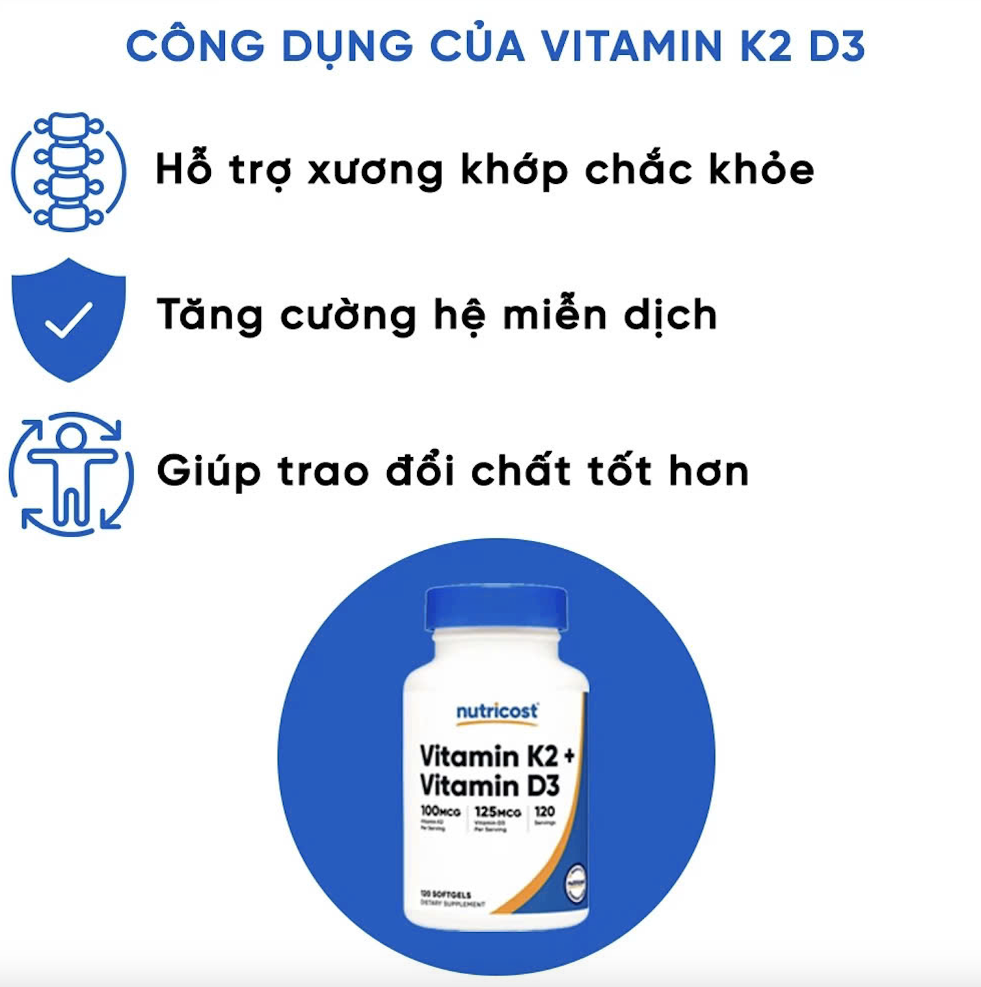 Viên Uống Nutricost Vitamin D3 + K2 MK7 (120 viên), Hỗ Trợ Răng Xương Chắc Khỏe, Ngừa Loãng Xương