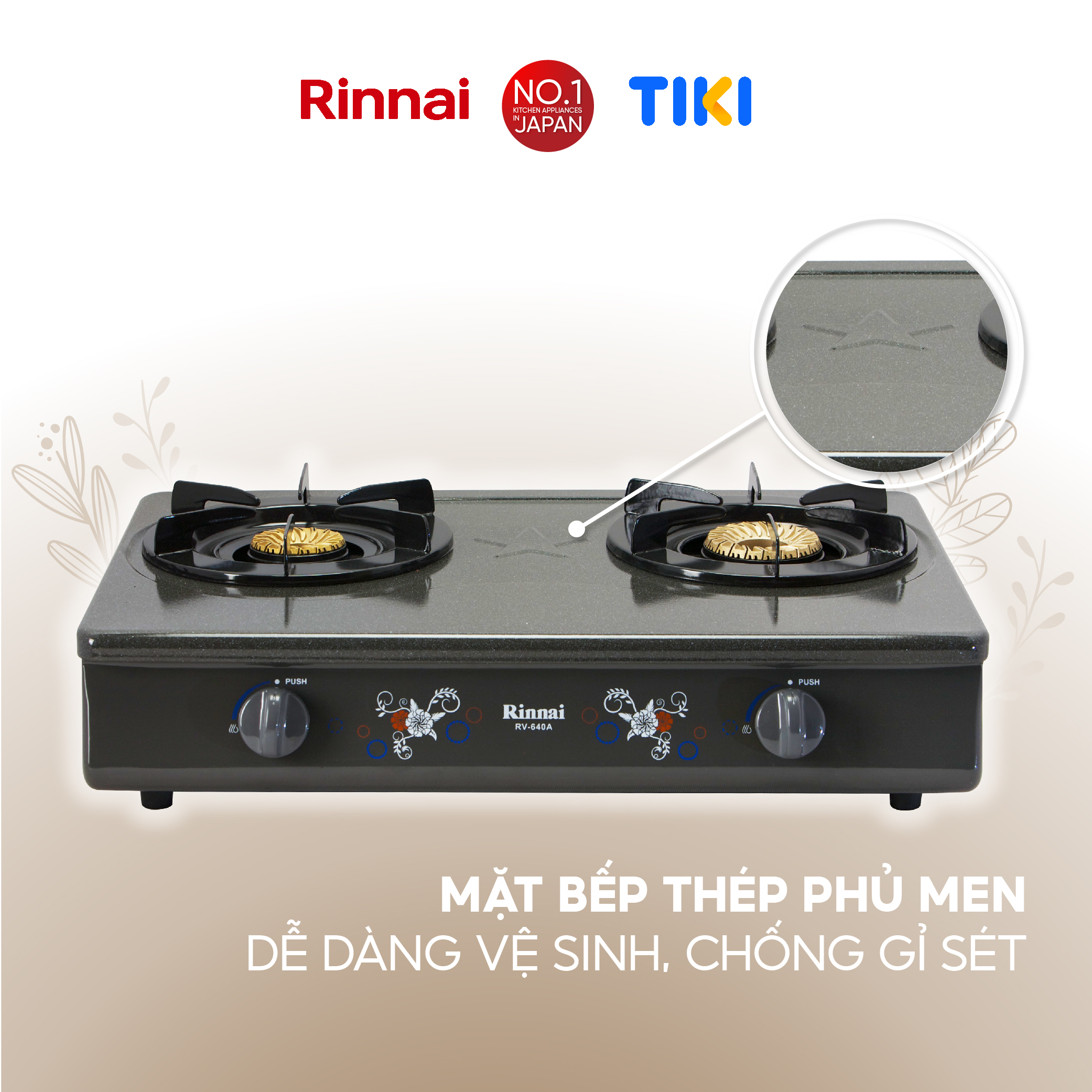 Bếp gas dương Rinnai RV-740A(GF) mặt bếp men và kiềng bếp men - Hàng chính hãng.