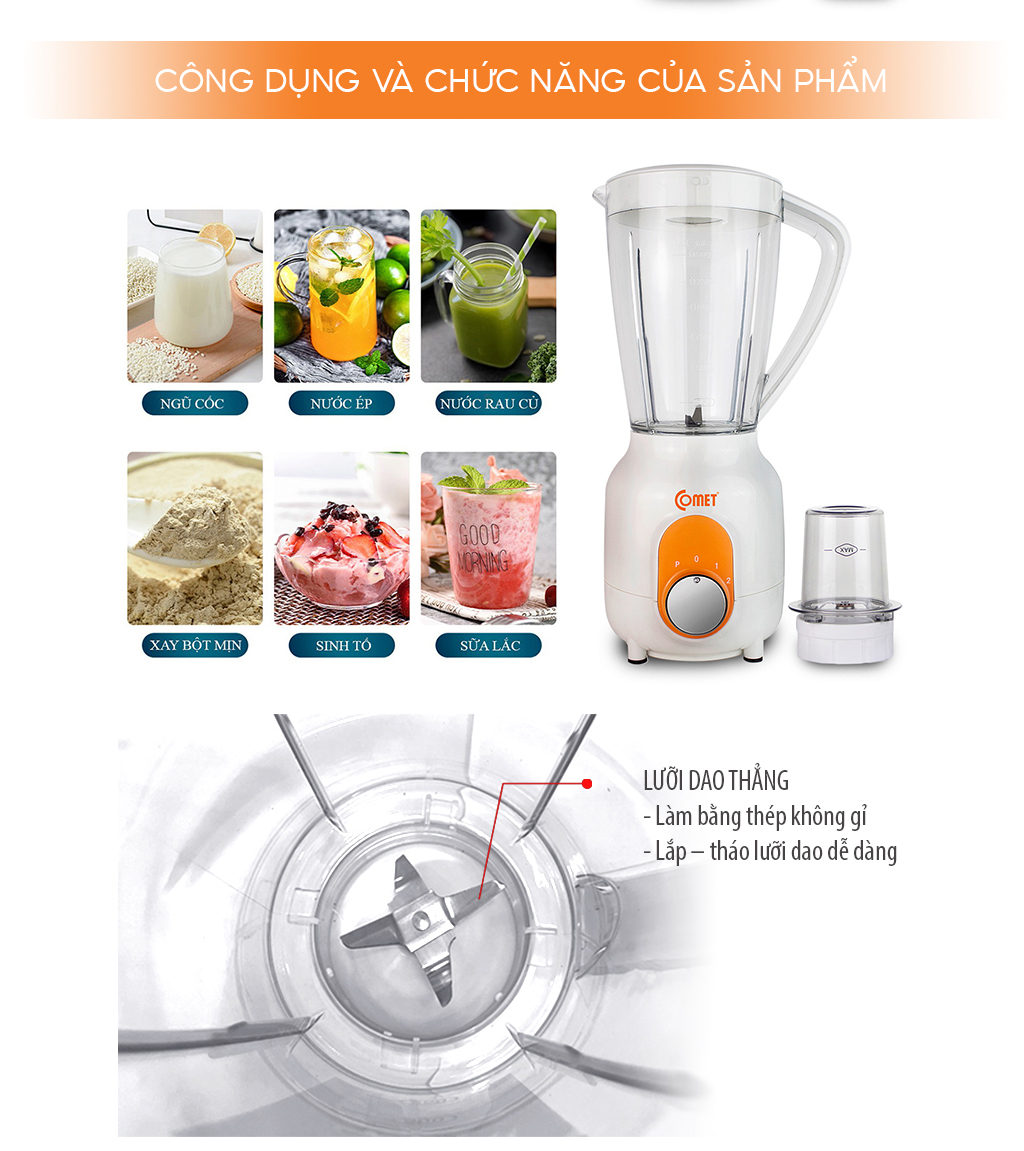 Máy xay sinh tố Comet CM9955 – 2 cối nhựa kháng vỡ, dung tích 1.5L – Công suất 450W, lưỡi dao thép không gỉ – Hàng chính hãng, bảo hành 1 năm