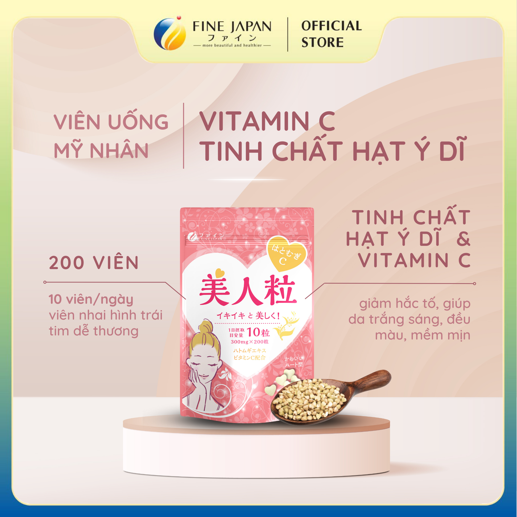 Viên uống mỹ nhân Vitamin C & tinh chất hạt Ý Dĩ dưỡng trắng da FINE JAPAN gói 200 viên