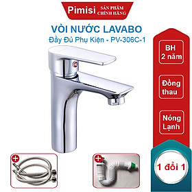 Vòi Nước Lavabo Pimisi PV-306C-1 Nóng Lạnh 1 Lỗ, Thân Củ Gật Gù Làm Từ Đồng Thau Mạ Crom-Niken Sáng Bóng Dùng Cho Chậu Rửa Mặt Treo Tường 1 Lỗ Hoặc Âm Bàn Đá Trong Nhà Vệ Sinh Với Đầy Đủ Phụ Kiện Xi Phông Và Dây Cấp Nước | Hàng Chính Hãng