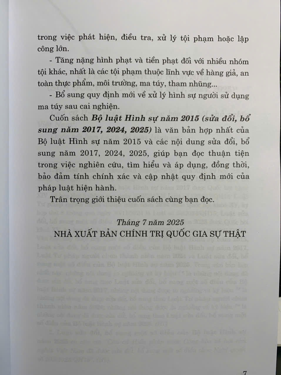Bộ luật Hình sự 2015 (sửa đổi, bổ sung năm 2017, 2024, 2025) – NXB Chính trị quốc gia Sự thật
