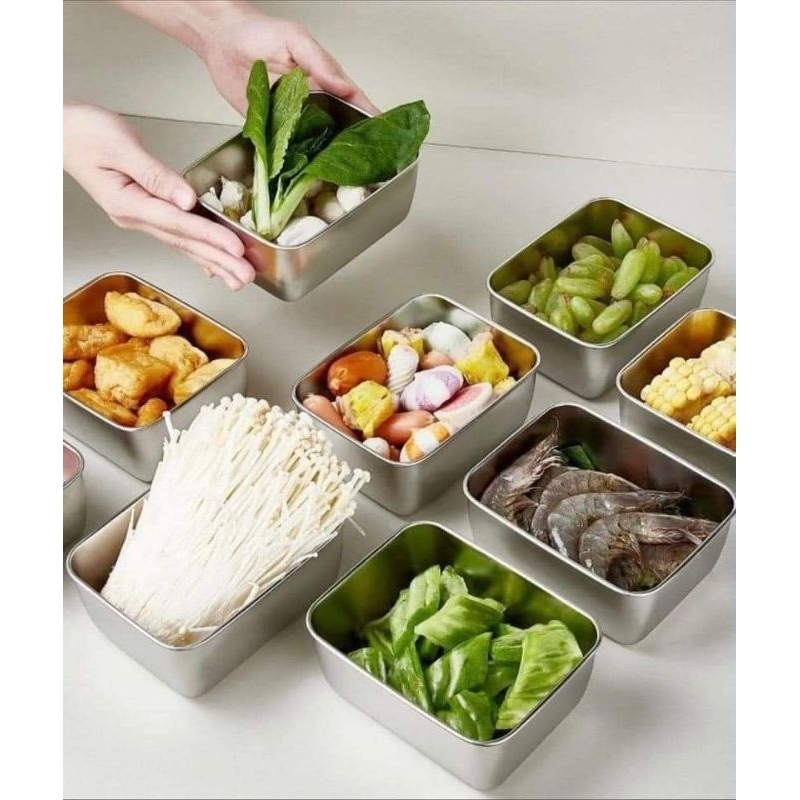Hộp Đựng Thực Phẩm Tủ Lạnh, Đồ Ăn Bằng Inox Có Nắp Nhựa Kèm Theo Tiện Lợi (135x105x58 mm) Và Loại To ( 250x200x60 mm)