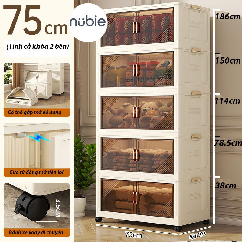 (Ngang 45-75cm) Tủ Nhựa Gấp Gọn Size Lớn, Tủ Đựng Quần Áo Đa Năng Lắp Ghép, Để Đồ Tiện Dụng, Nhựa PP, Có Bánh Xe