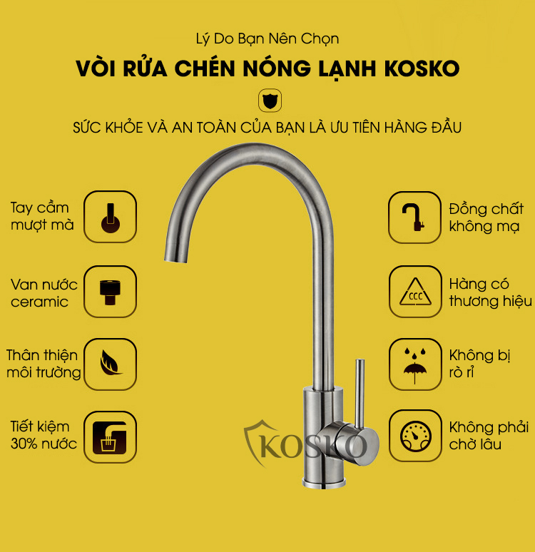 Vòi nước rửa chén KOSKO inox 304, vòi rửa chén bát tròn nóng lạnh phù hợp với nhiều loại bồn rửa chén và chậu rửa bát chén khác nhau