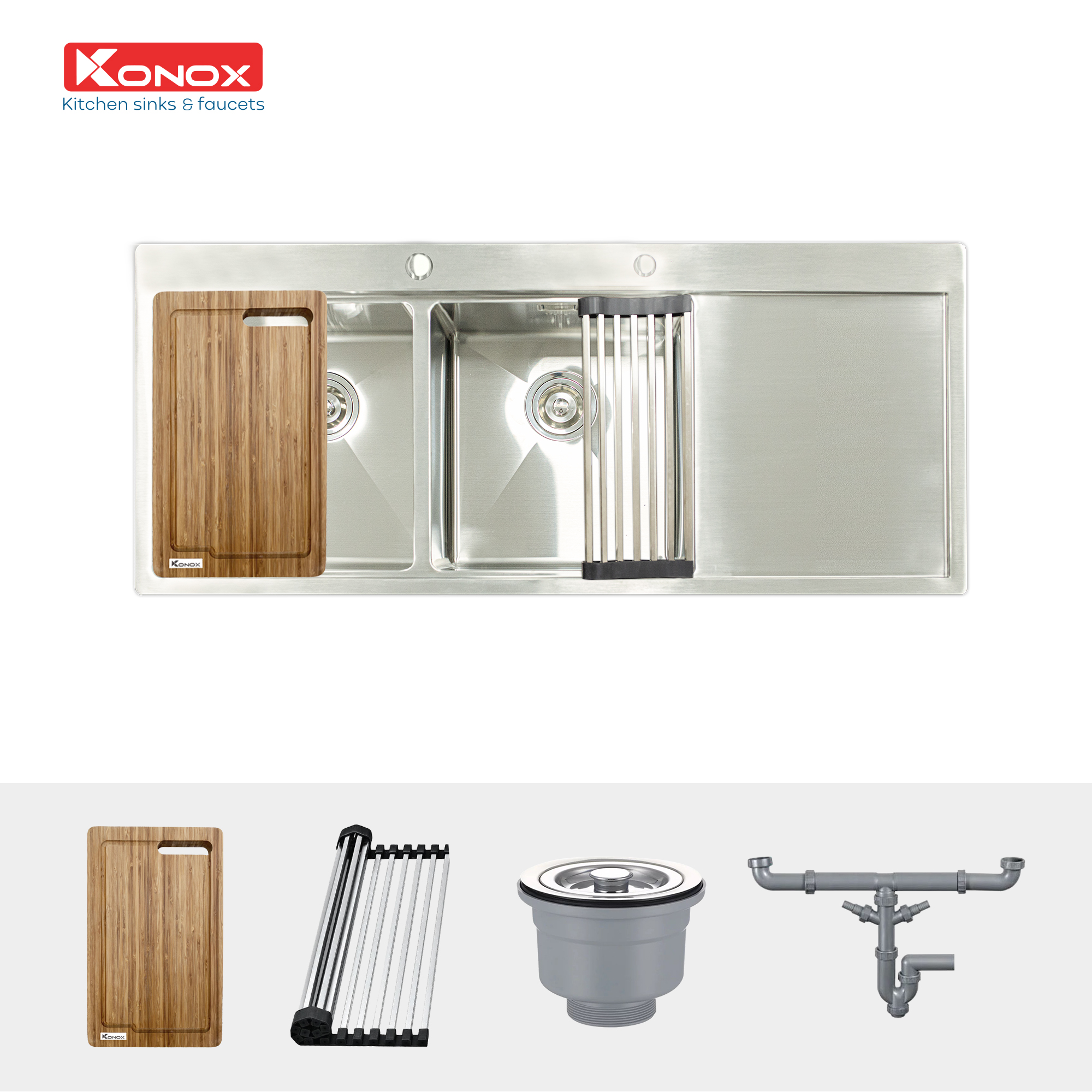Chậu rửa bát inox Konox, Topmount Series, Model KN11650TD, Inox 304AISI tiêu chuẩn châu Âu, Hạ bậc tích hợp, 1160x500x220(mm), Bảo hành chính hãng 10 năm, Hàng chính hãng