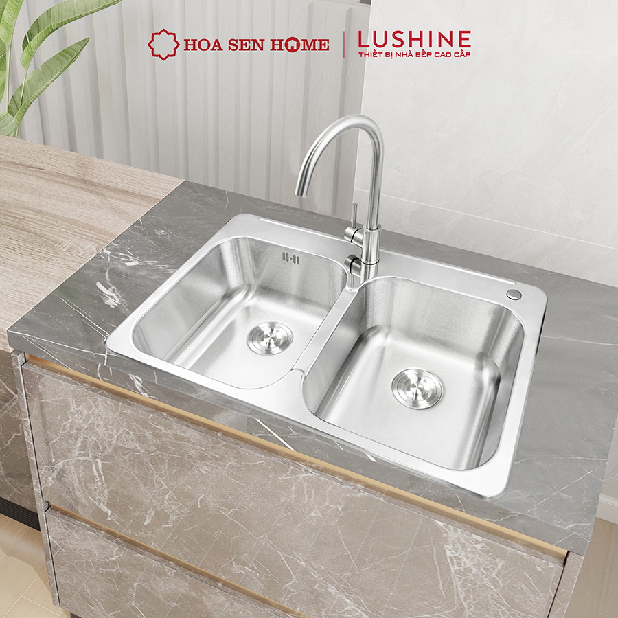 Bộ chậu rửa chén INOX 304 LUSHINE D007 công nghệ dập liền khối, thiết kế hai ngăn tiện lợi, bề mặt chống xước bền bỉ - Hoa Sen Home - Hàng chính hãng