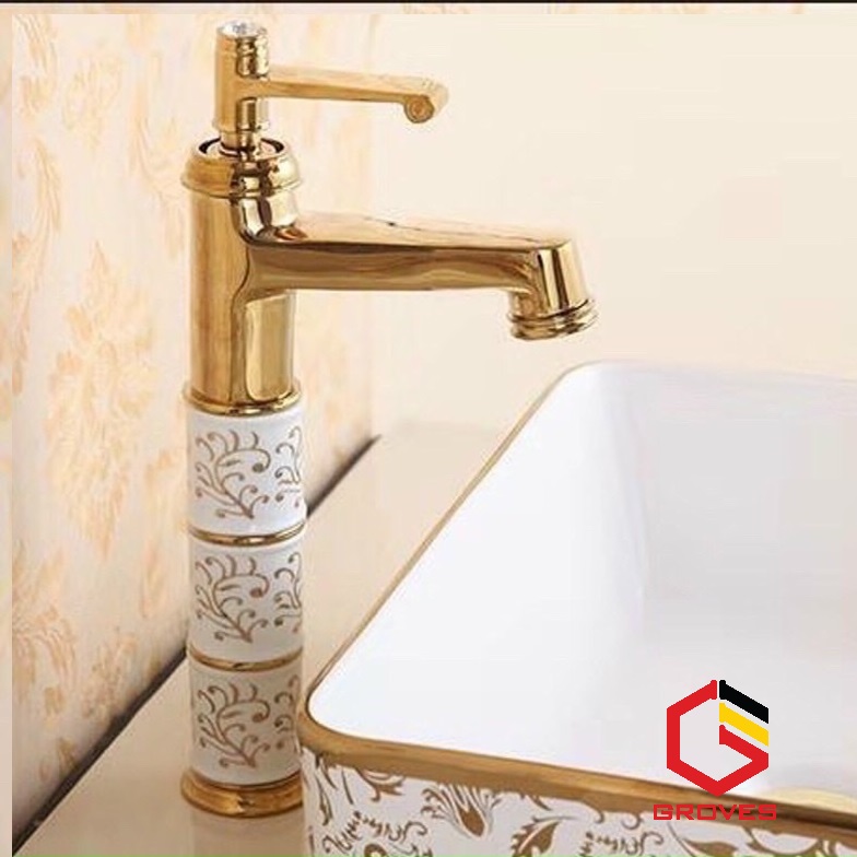 Vòi rửa mặt mạ vàng bọc sứ hoa văn thân cao GR 054C (đẹp sang trọng quý phái, hiện đại)