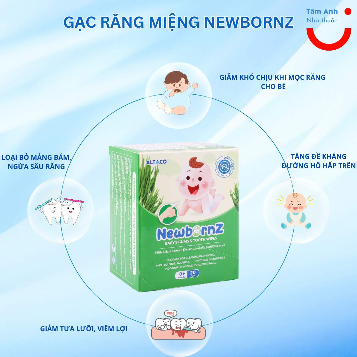 Gạc răng miệng thảo dược NewbornZ ( Hộp 20 gói) rơ lưỡi cho trẻ sơ sinh và trẻ nhỏ