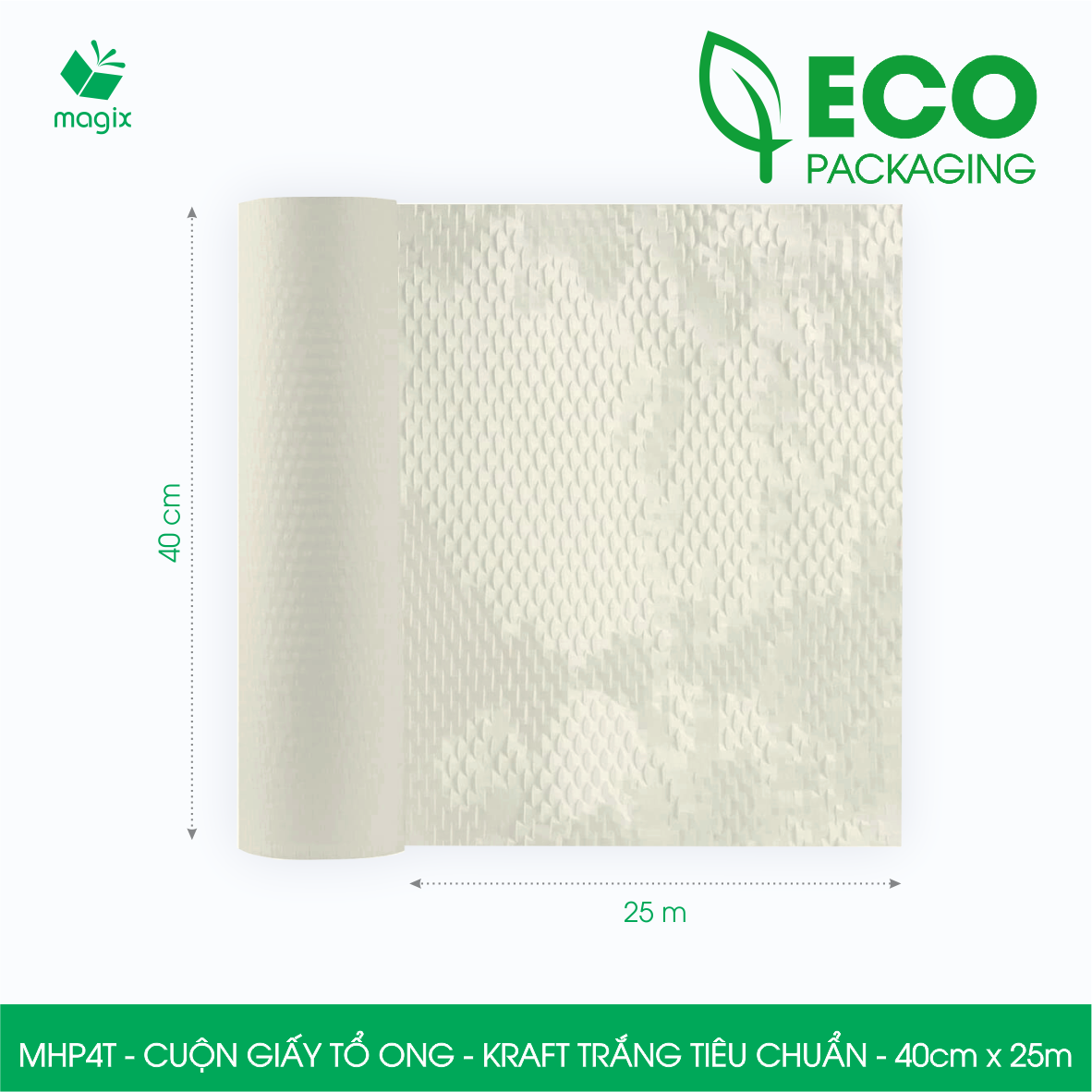 MHP4T - 40cm x 25m - Cuộn giấy tổ ong gói quà, gói hàng chống sốc - Kraft trắng kem Tiêu Chuẩn