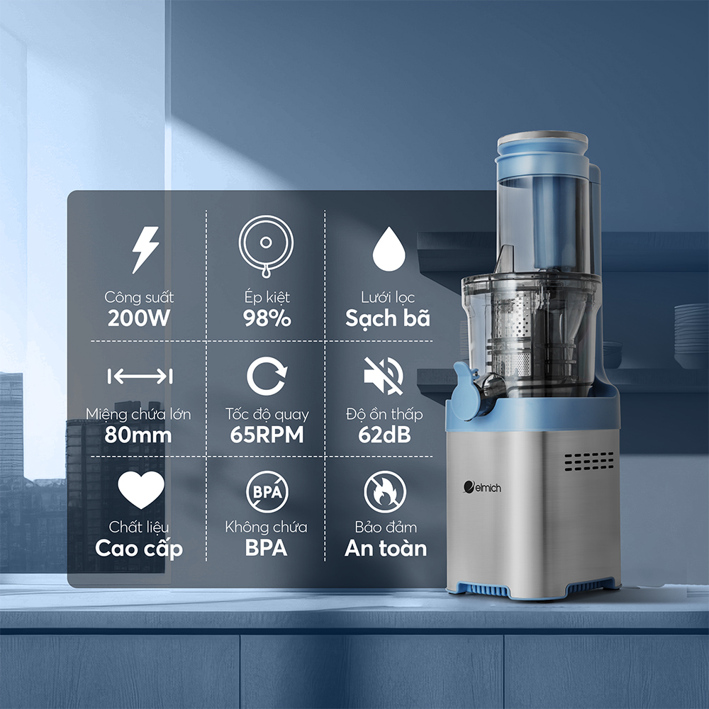 Máy ép chậm Elmich JEE-8769, công suất 200W, tốc độ quay 65 vòng/phút, độ ồn thấp dưới 62db - Hàng chính hãng