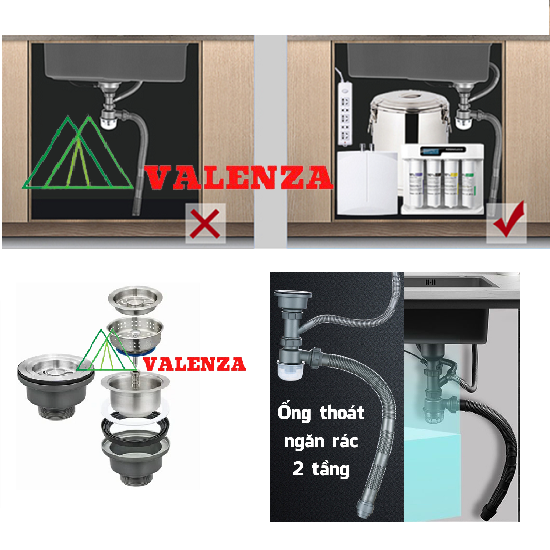 Chậu rửa chén bát Valenza 1 hố lớn 78x45cm inox304 chuẩn 100% dày 3li, kèm bộ xả thoát nhanh chống hôi, khay inox rửa phụ-Hàng chính hãng