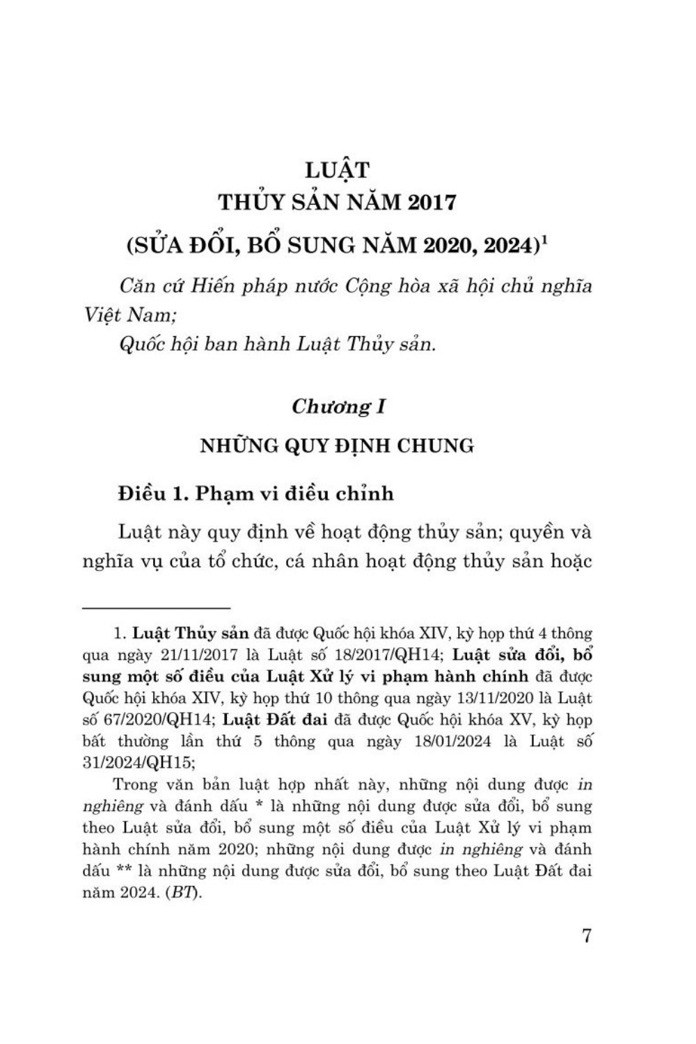 Luật thủy sản năm 2017 sửa đổi, bổ sung năm 2020, 2024 (bản in 2024)