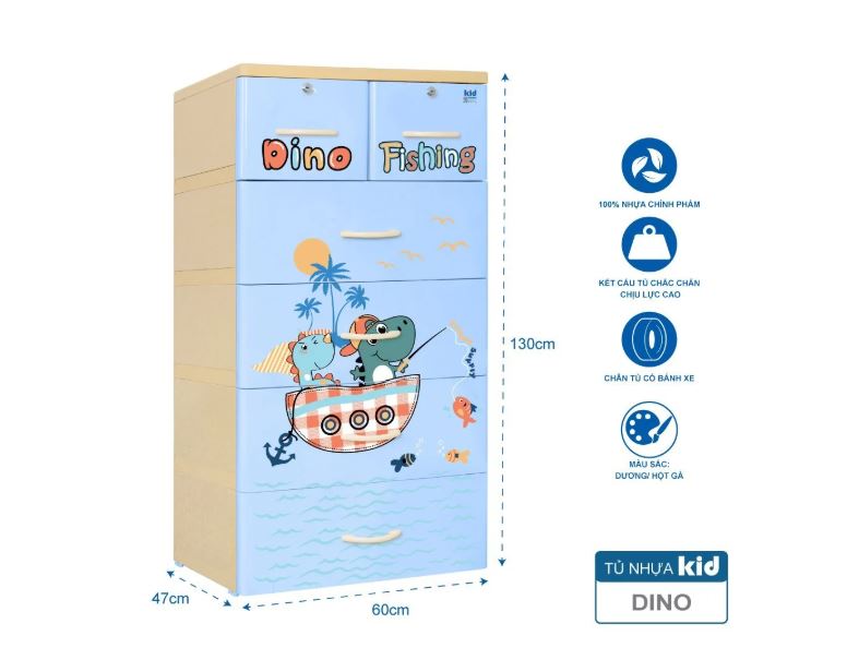 Tủ nhựa 5 tầng Qui Phúc KID màu xanh dương mẫu Dino Fishing KT 600 x 470 x 1300 mm _ Juno Sofa hàng lắp sẵn