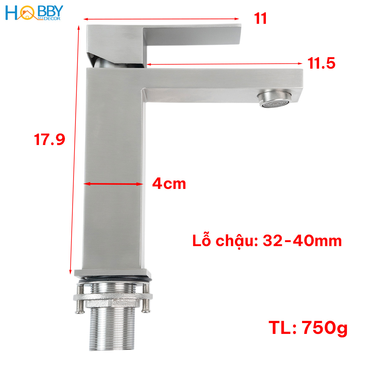 Vòi chậu lavabo rửa mặt nóng lạnh inox 304 mờ Hobby home decor VRM6