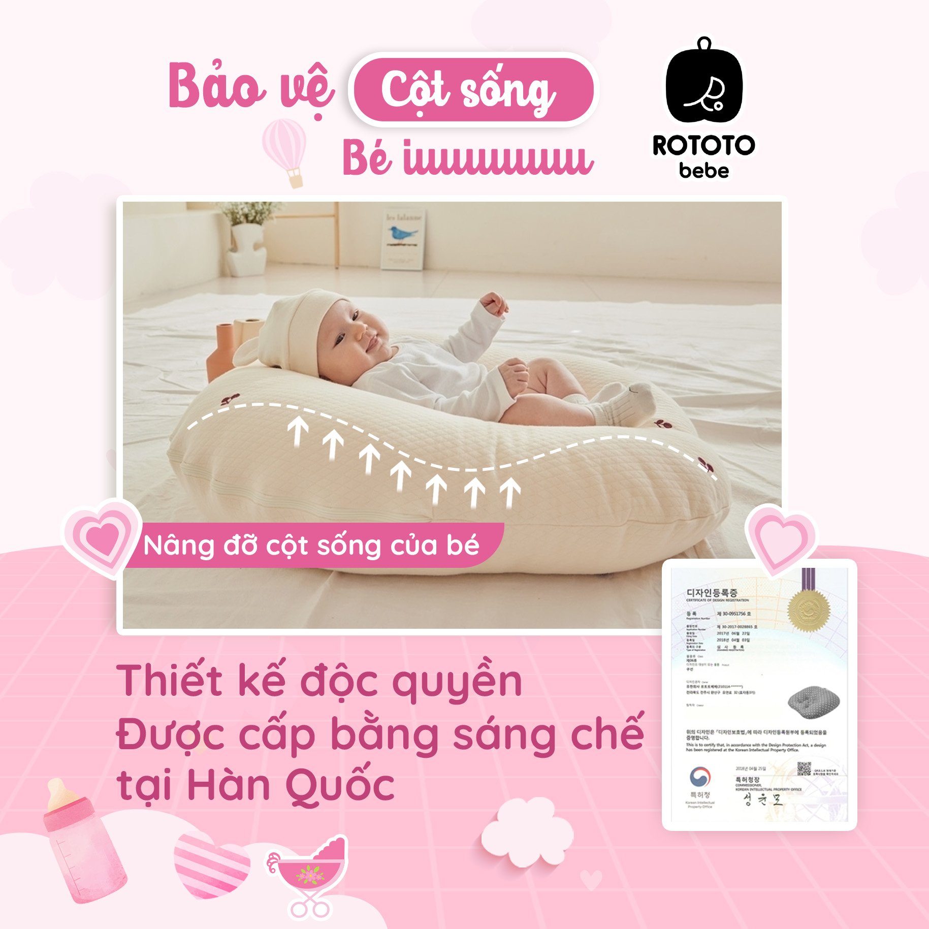 Gối chống trào ngược cho bé Rototo Bebe cao cấp nhập khẩu Hàn Quốc khắc phục tình trạng trào ngược dạ dày trẻ sơ sinh hiệu quả - Loại Cotton cao cấp mềm mại, thấm hút mồ hôi tốt