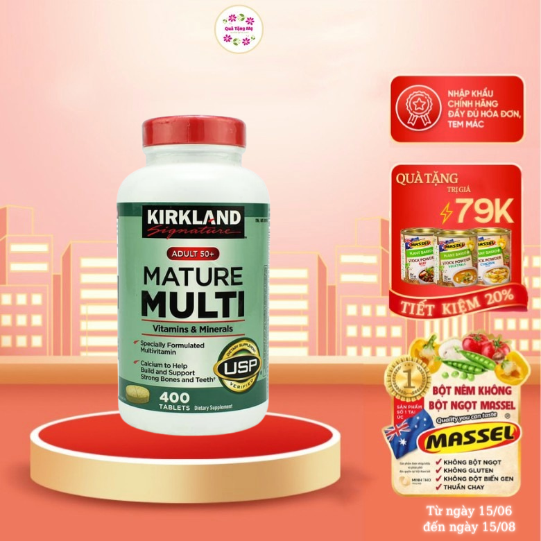 Vitamin tổng hợp Kirkland Mature Multi Adult 50+ Hộp 400 viên của Mỹ - dành cho nam, nữ trên 50 tuổi, Tăng cường miễn dịch, phòng bệnh tật, đặc biệt là các bệnh lây nhiễm, bệnh do virus, vi khuẩn - QuaTangMe Extaste