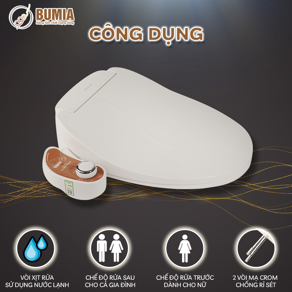 Nắp bồn cầu thông minh dùng cơ, tự rửa vệ sinh hậu môn và vệ sinh cho phụ nữ Bumia bidet, vòi xịt vệ sinh thông minh, mã sản phẩm BM-01V