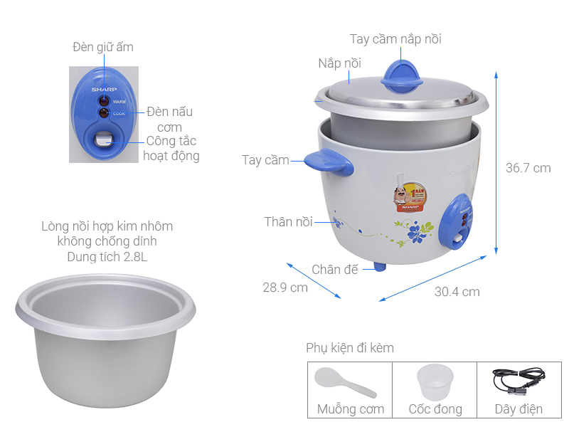Nồi cơm nắp rời Sharp 2.8 lít KSH-D28V, Công suất 1000W, Giao màu ngẫu nhiên - Hàng chính hãng
