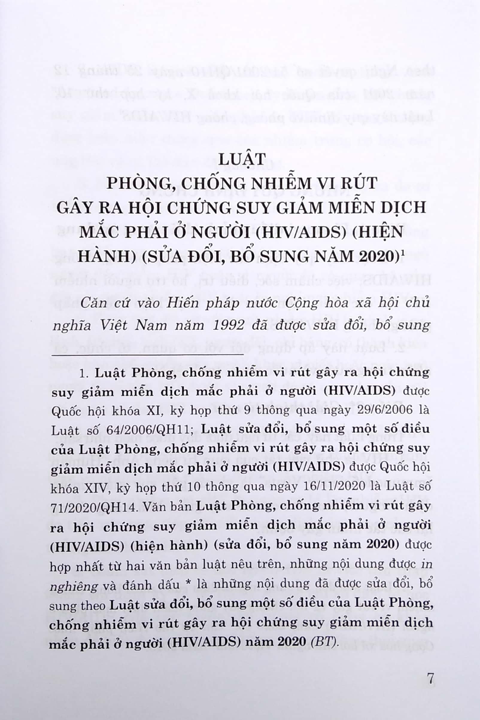 Luật Phòng, Chống Nhiễm Vi Rút Gây Ra Hội Chứng Suy Giảm Miễn Dịch Mắc Phải Ở Người (HIV/AIDS) (Hiện Hành) (Sửa Đổi, Bổ Sung Năm 2020)