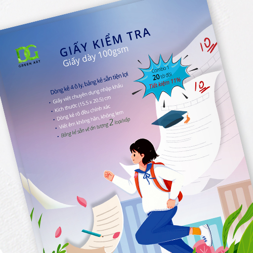 Giấy kiểm tra dòng 4 ô ly giấy trắng dày, viết êm không lem, bảng kẻ sẵn tiện lợi, Combo 1: 20 tờ GKTL1-12 Green Art - Hàng chính hãng