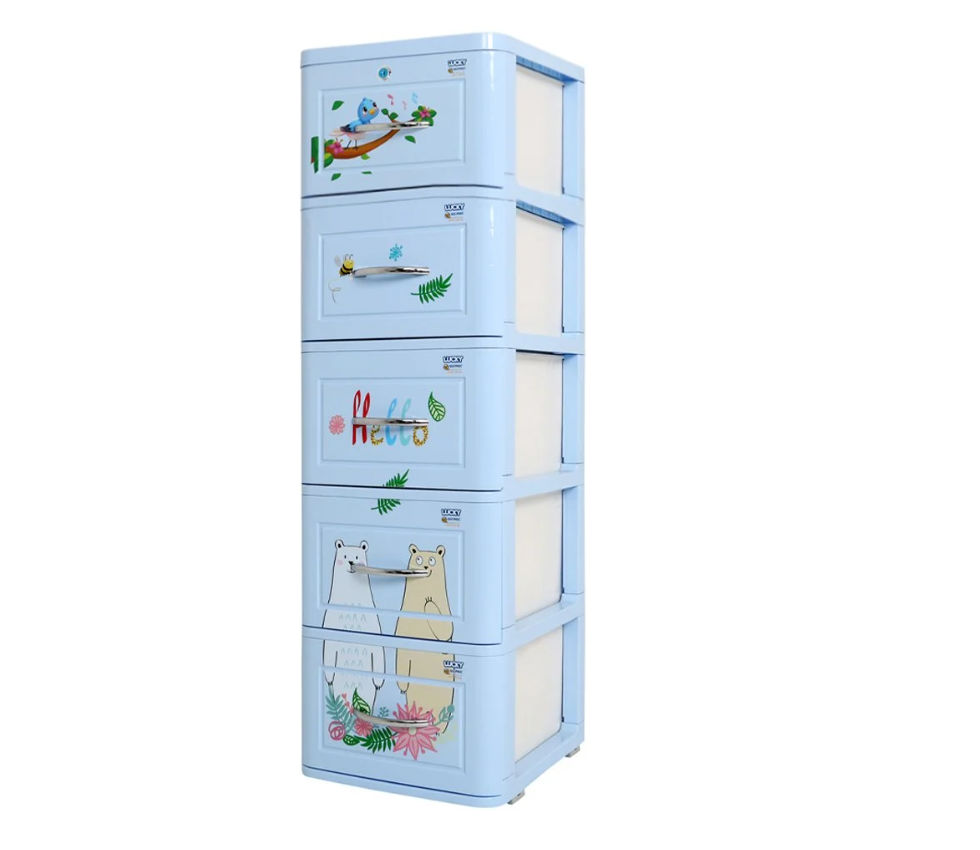 Tủ nhựa 5 tầng Qui Phúc Lucky màu xanh hình Gấu KT 380 x 410 x 1250 mm