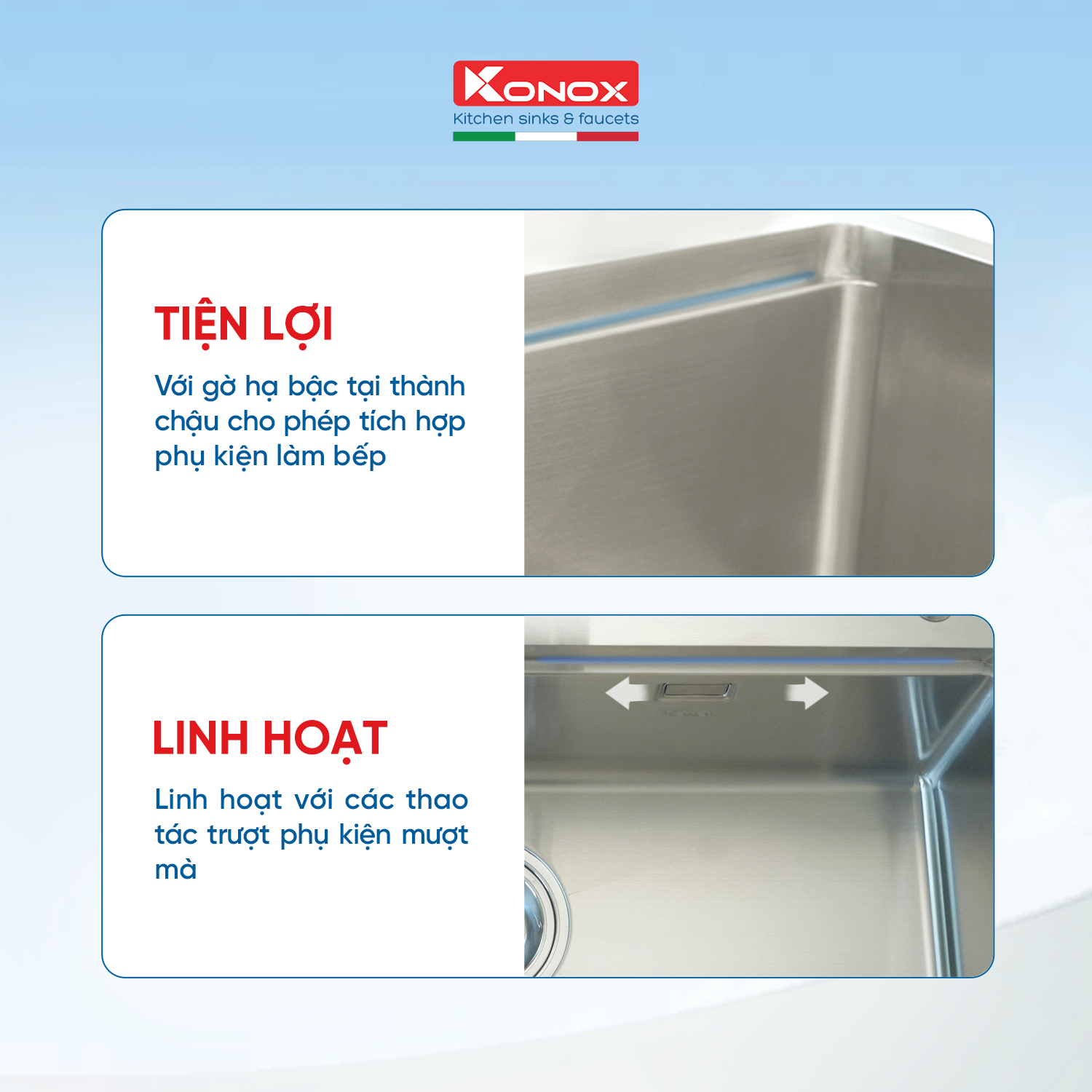 Chậu rửa bát inox Konox, Topmount Series, Model KN8050TS, inox 304 AISI tiêu chuẩn châu Âu, Hạ bậc tích hợp, 800x500x228(mm), Hàng chính hãng