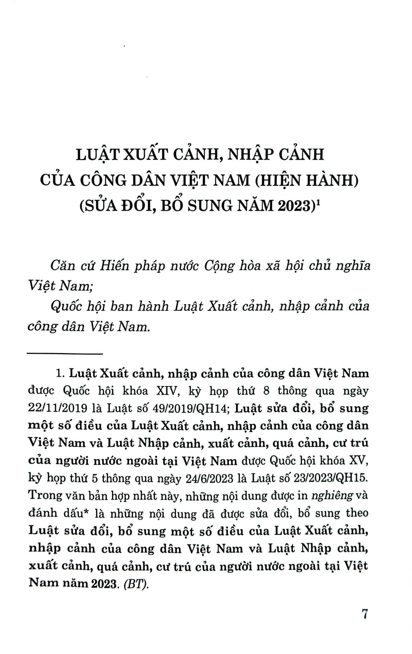 Luật Xuất Cảnh, Nhập Cảnh Của Công Dân Việt Nam (Hiện Hành) (Sửa Đổi, Bổ Sung Năm 2023)
