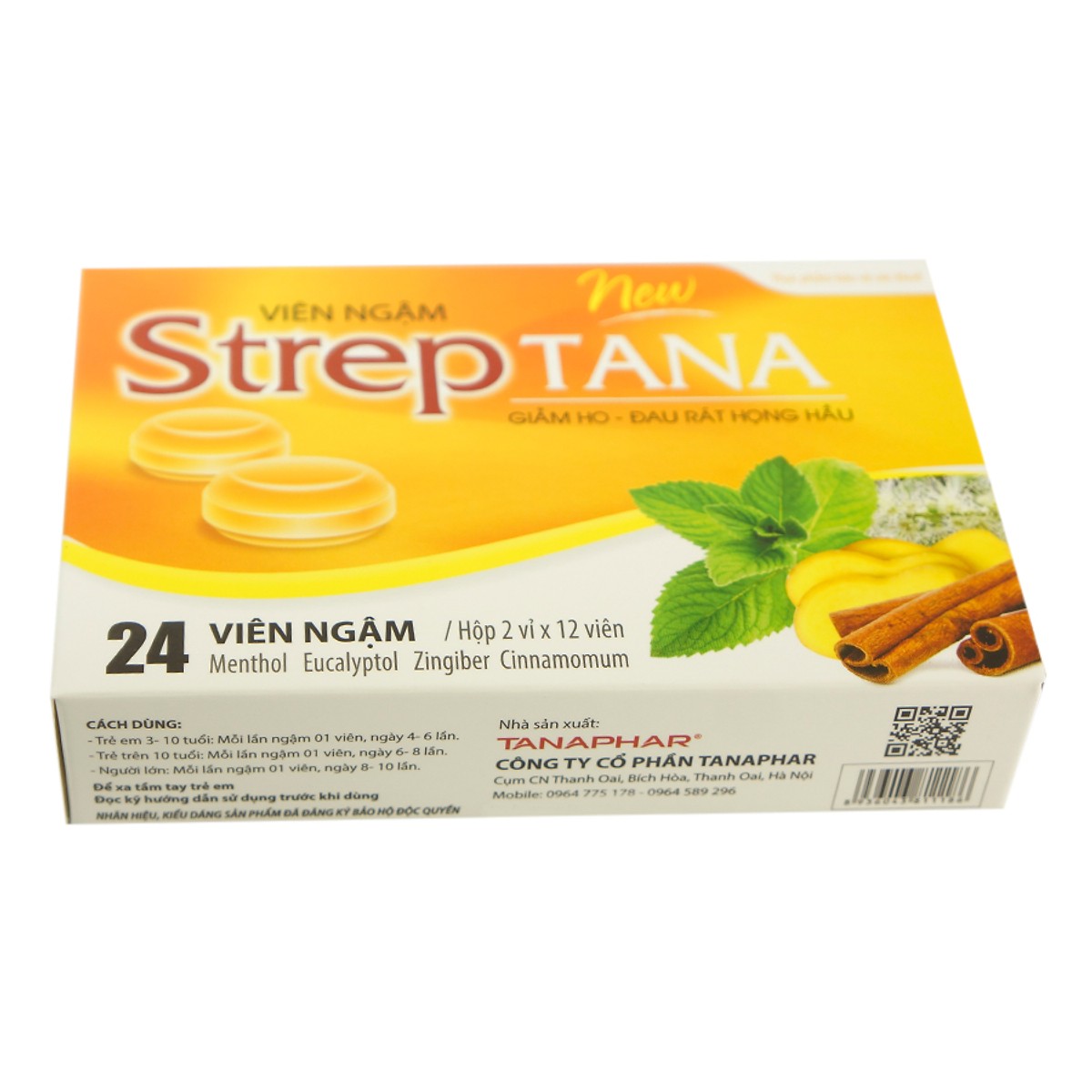 Viên ngâm ho Streptana hỗ trợ làm giảm ho bảo vệ sức khỏe - Hộp 24 viên