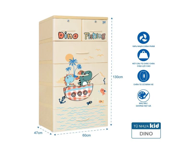 Tủ nhựa 5 tầng Qui Phúc KID màu xanh dương mẫu Dino Fishing KT 600 x 470 x 1300 mm _ Juno Sofa hàng lắp sẵn
