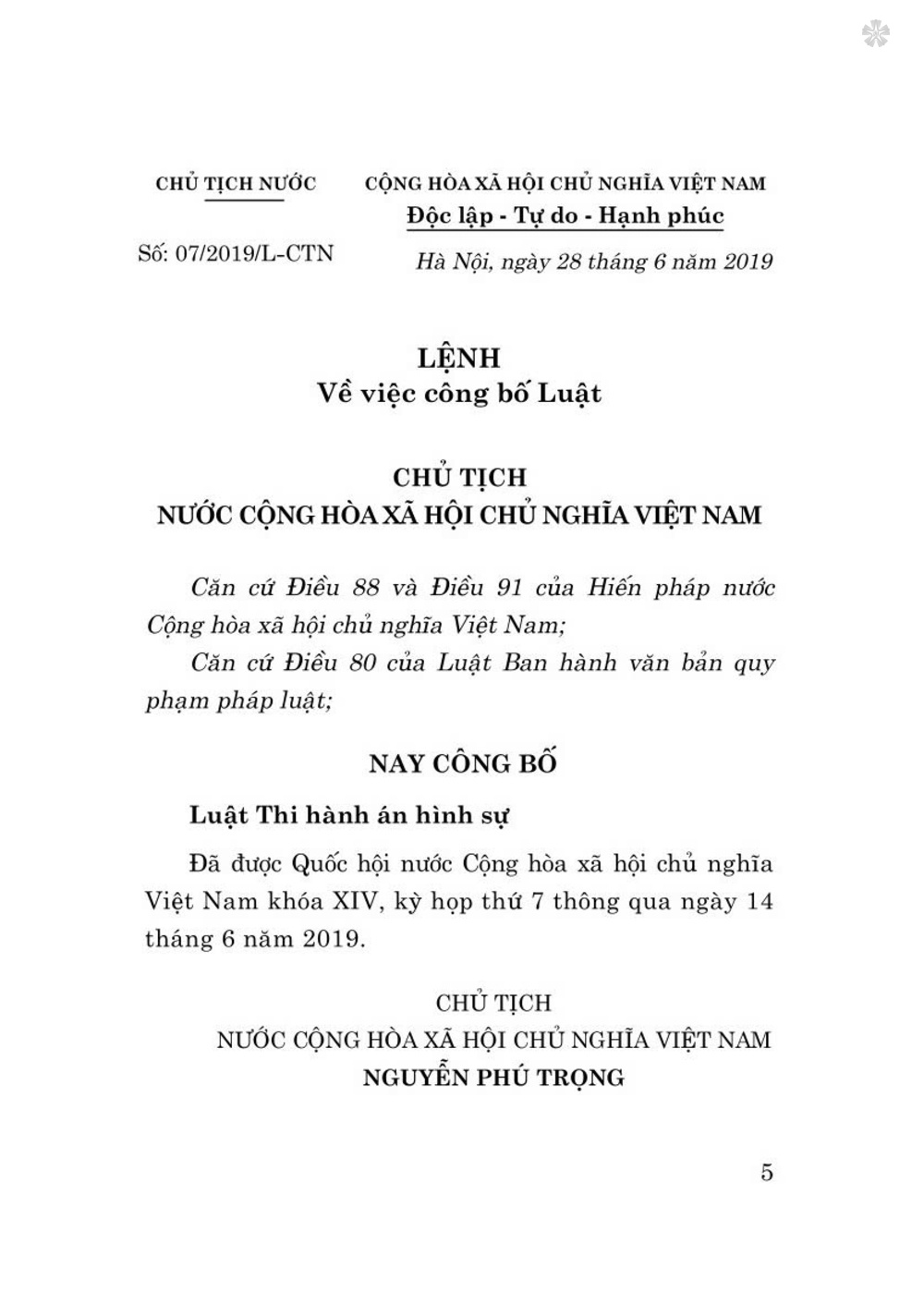 Luật thi hành án hình sự năm 2019 - bản in 2024
