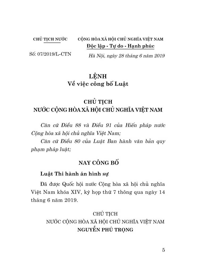 Luật thi hành án hình sự năm 2019 - bản in 2024