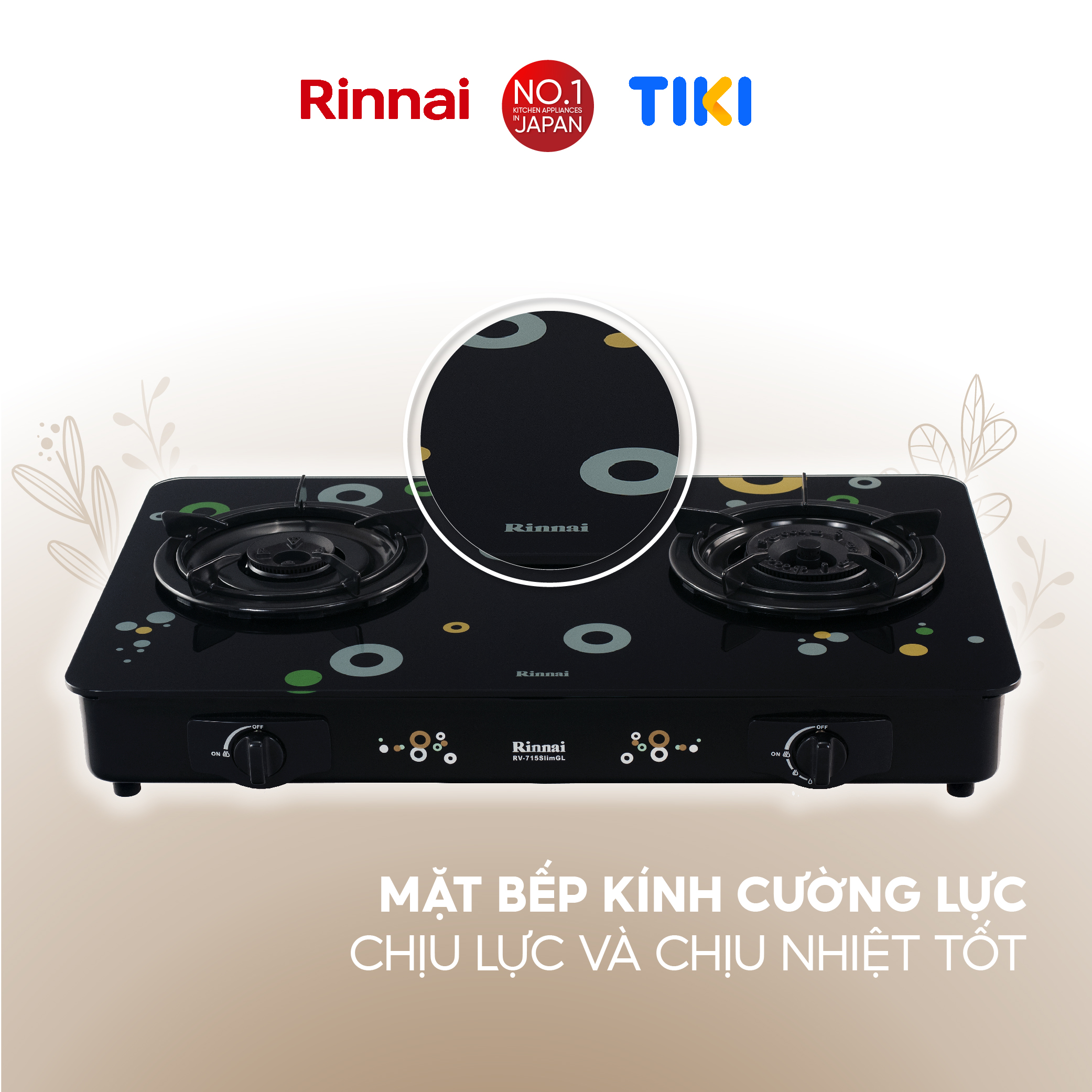 Bếp gas dương Rinnai RV-715Slim(GL-Bubble) mặt bếp kính và kiềng bếp men - Hàng chính hãng.