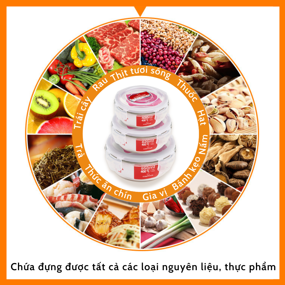 Bộ Hộp Đựng Thực Phẩm Bảo Quản Thức Ăn Thủy Tinh Chịu Nhiệt Mua 3 TẶNG 2- 400ml