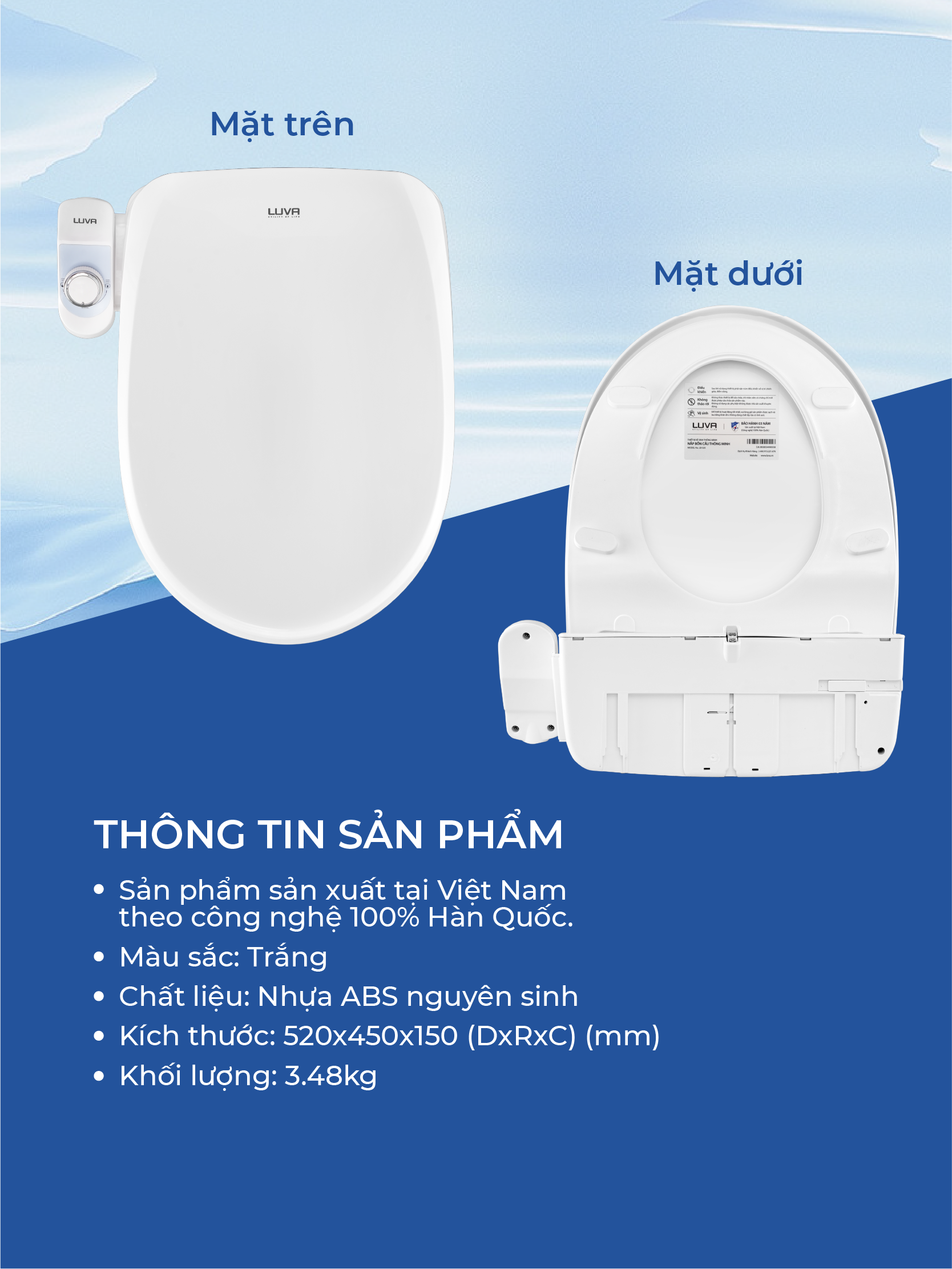 Nắp Bồn Cầu Thông Minh LUVA LB525 Xuất Hàn Quốc, BH 3 năm Đổi Lỗi 100 Ngày, Công Nghệ Hàn Siêu Âm