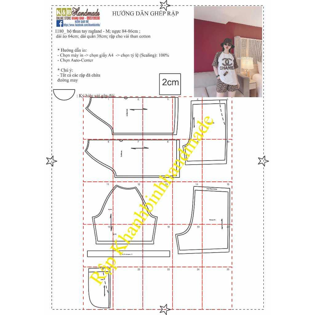 Rập giấy bộ thun tay ragland mã 1180 (BẢN VẼ)