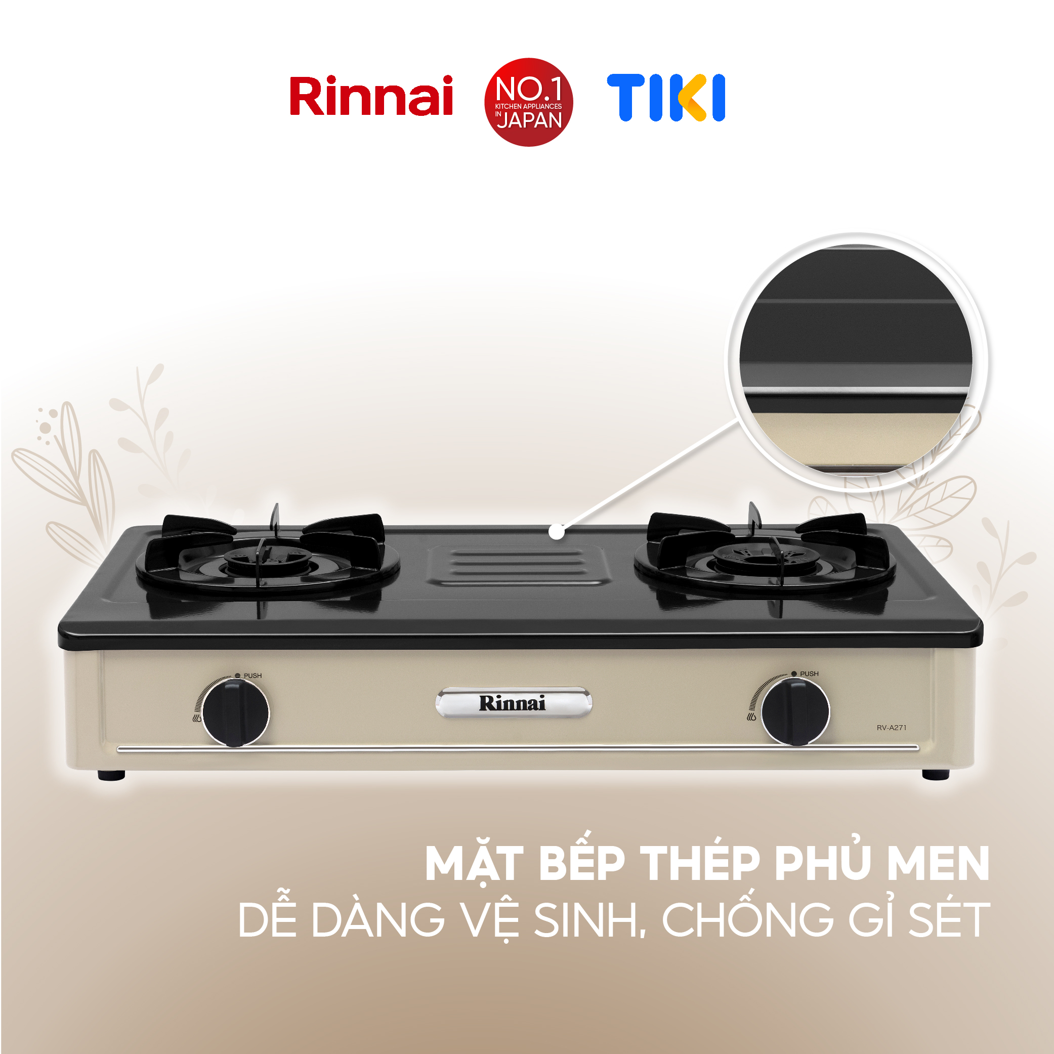 Bếp gas dương Rinnai RV-A271Y(EB) mặt bếp men và kiềng bếp men - Hàng chính hãng