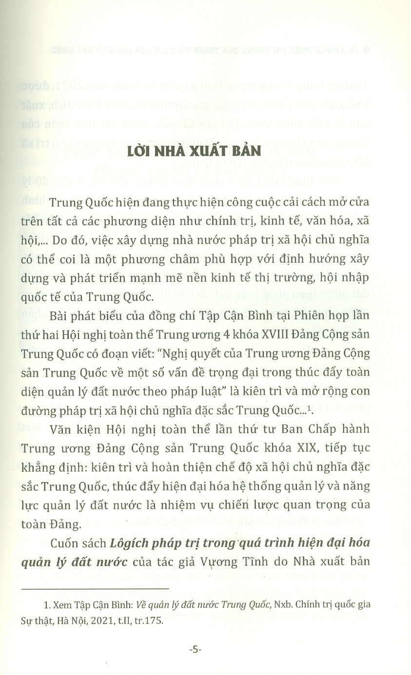 LÔGÍCH PHÁP TRỊ TRONG QUÁ TRÌNH HIỆN ĐẠI HÓA QUẢN LÝ ĐẤT NƯỚC - Vương Tĩnh - Vũ Thị Thìn dịch - Nxb Chính trị Quốc gia Sự thật – bìa mềm