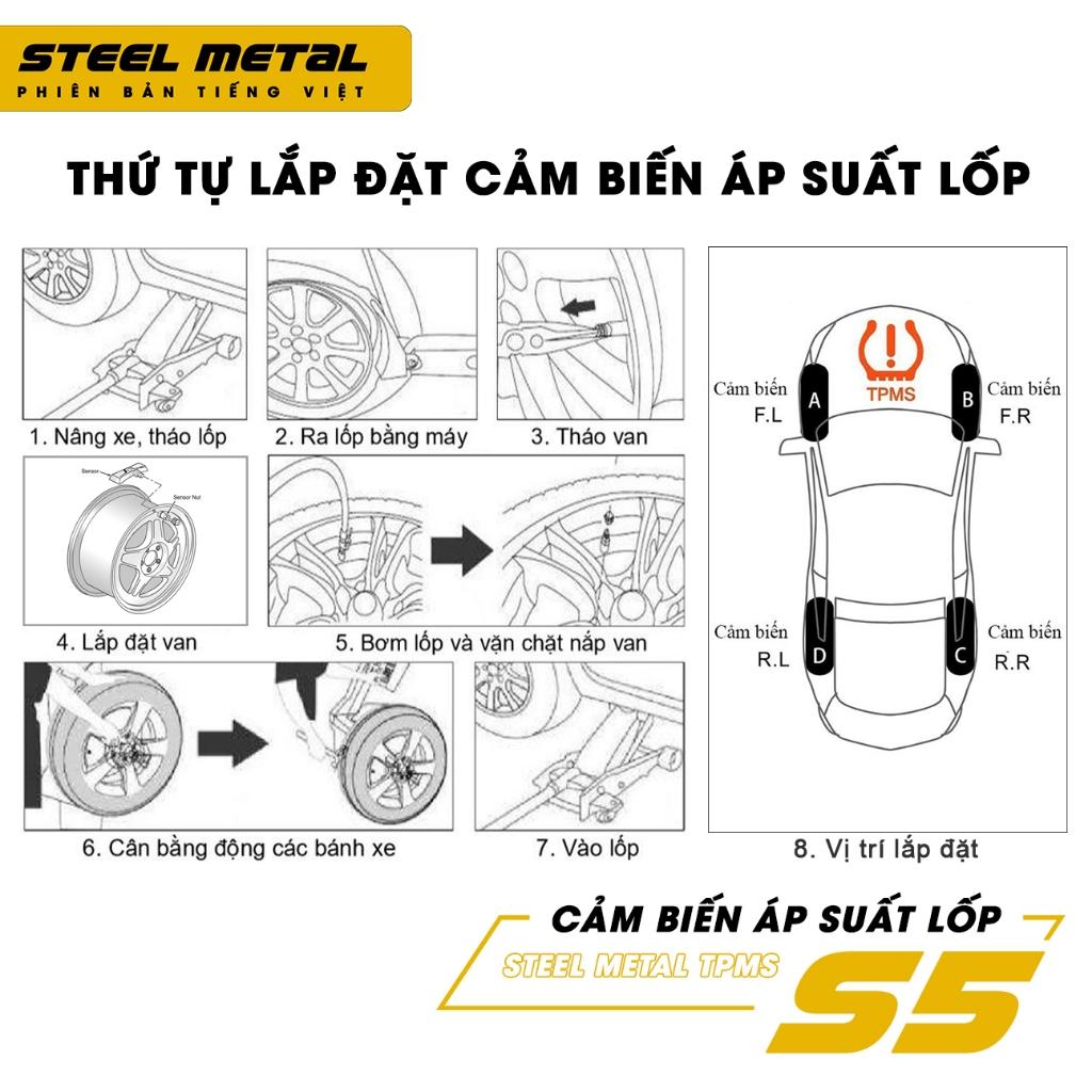 Bộ cảm biến áp suất lốp ô tô xe hơi Tiếng Việt bản cao cấp STEELMETAL S5 Màn LCD Pin năng lượng mặt trời