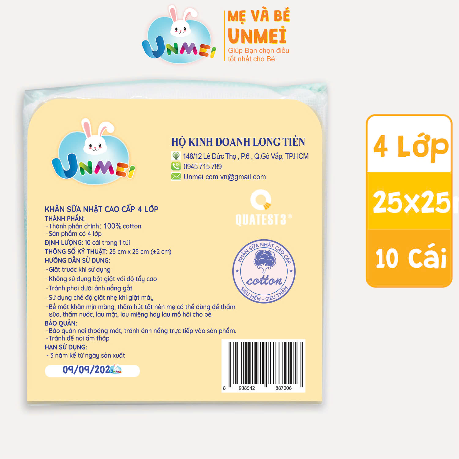 Khăn Sữa, Khăn Xô Viền Màu 4 Lớp Cao Cấp Xuất Nhật Unmei 25x25cm - Bịch 10 Cái