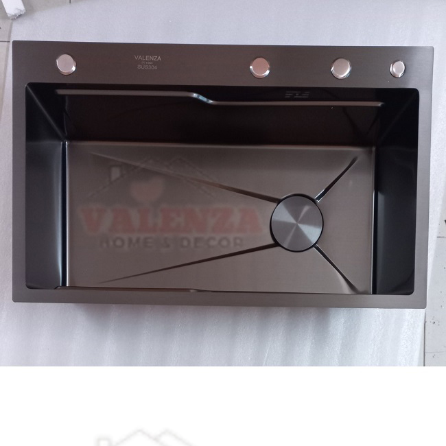 Chậu rửa bát 1 hố Valenza 7846 inox 304 nano đen dày 3li kèm bộ xả ngăn mùi, khay inox, rổ lỗ inox-Hàng chính hãng