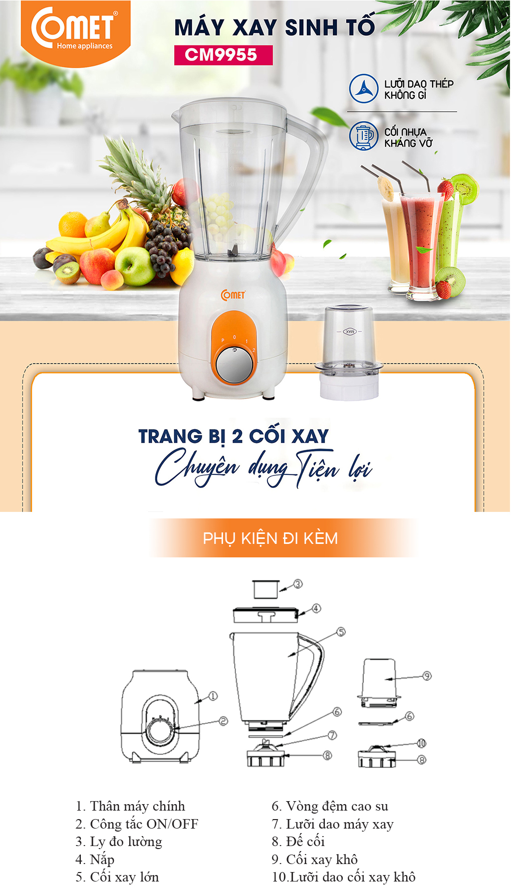 Máy xay sinh tố Comet CM9955 – 2 cối nhựa kháng vỡ, dung tích 1.5L – Công suất 450W, lưỡi dao thép không gỉ – Hàng chính hãng, bảo hành 1 năm