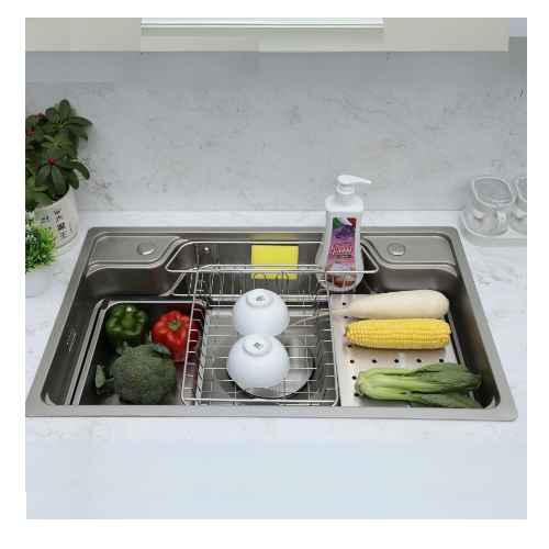 Chậu rửa bát inox304 chống xước 78x48cm nguyên khối không hàn, bộ xả 18cm, khay inox, thớt inox-Hàng chính hãng