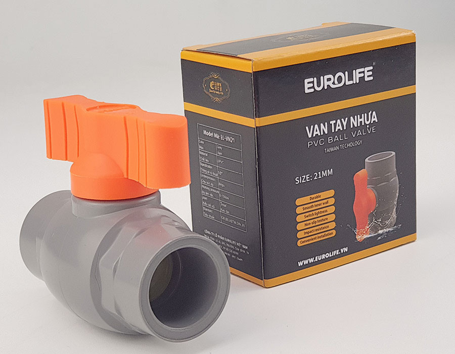 Van uPVC thân đúc bi nhưa ABS 21, 27, 34, 42, 49, 60mm Eurolife EL-VN (tay cam)