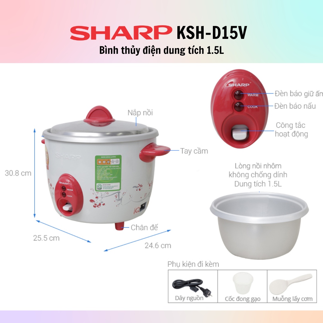 Nồi Cơm Điện Nắp Rời Sharp KSH-D15V (1.5L) - Màu Ngẫu Nhiên - Hàng Chính Hãng
