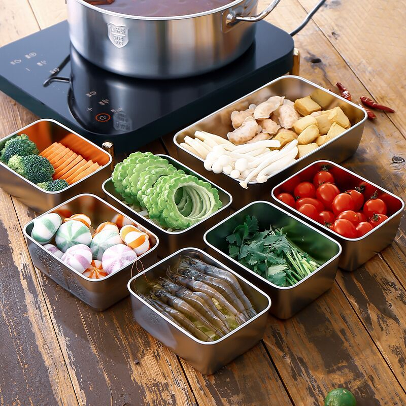 Hộp Đựng Thực Phẩm Tủ Lạnh, Đồ Ăn Bằng Inox Có Nắp Nhựa Kèm Theo Tiện Lợi (135x105x58 mm) Và Loại To ( 250x200x60 mm)