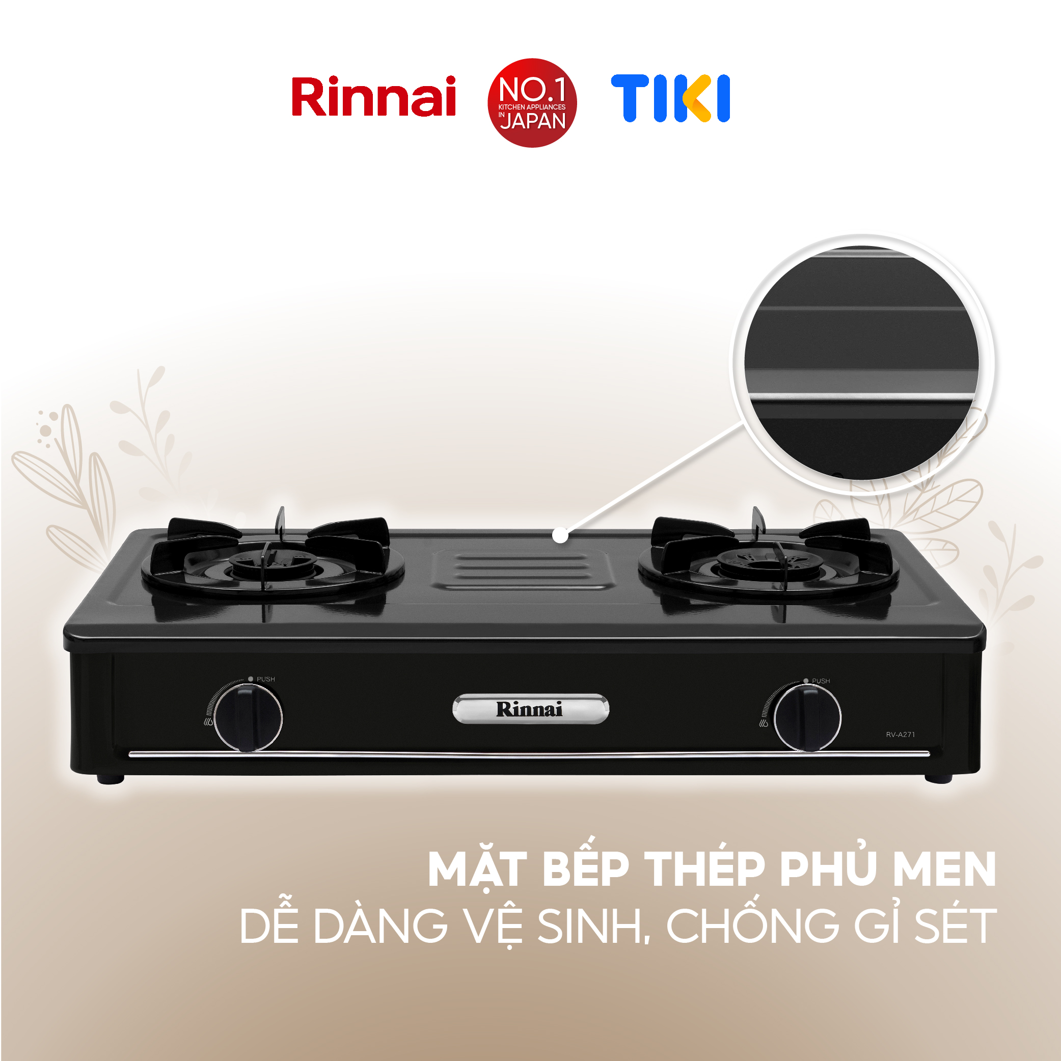 Bếp gas dương Rinnai RV-A271B(EB) mặt bếp men và kiềng bếp men - Hàng chính hãng.